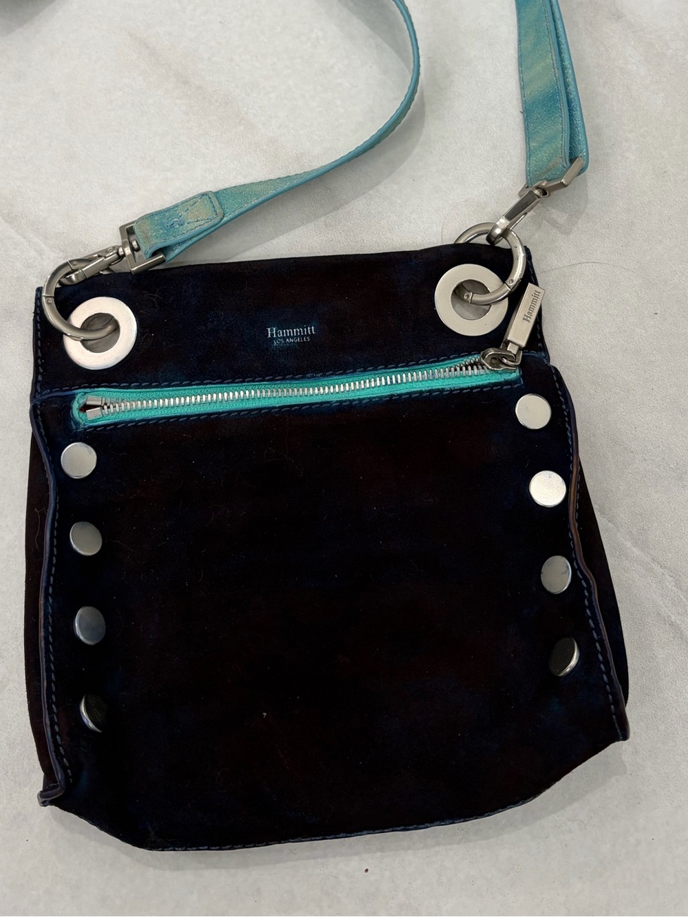 Hammitt Navy Purple Suede Crossbody Bag, Turquoise Strap, Brushed Nickel Hrdware